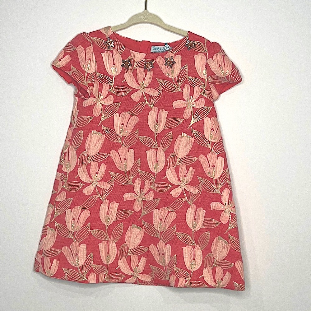 Abel & lula Salmon Pink & Gold Brocade dress w/ hand beading | NWT 4T